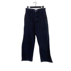 Zara Relaxed Fit Utility Style Wide Leg High Rise Raw Hem Jeans Pockets M Black